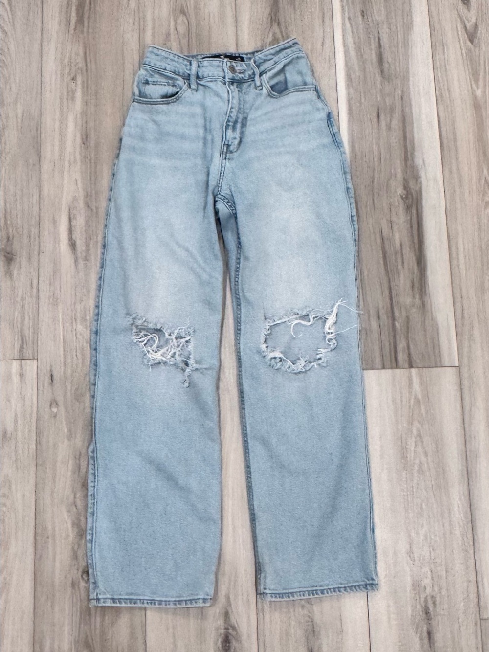 Hollister Light Blue Distressed Straight-Leg Jeans - high rise dad jeans 1Short